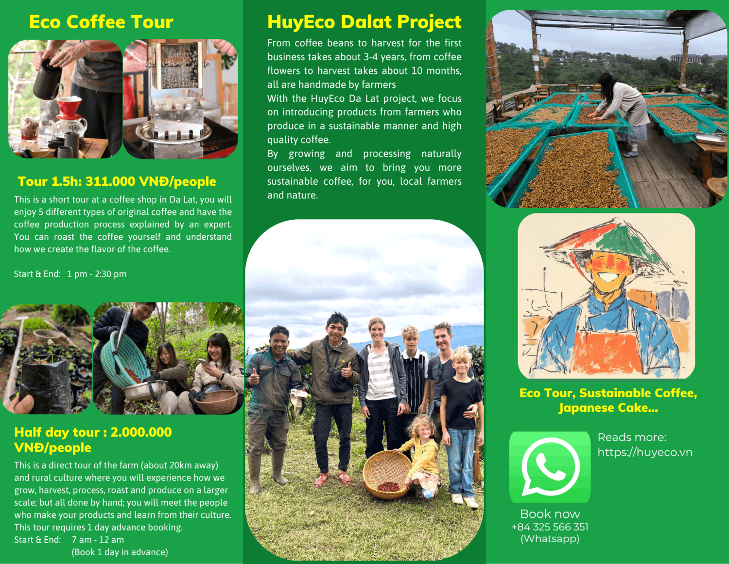 HuyEco Coffee & Culture brochure with details of 1.5h and half-day coffee tours in Da Lat