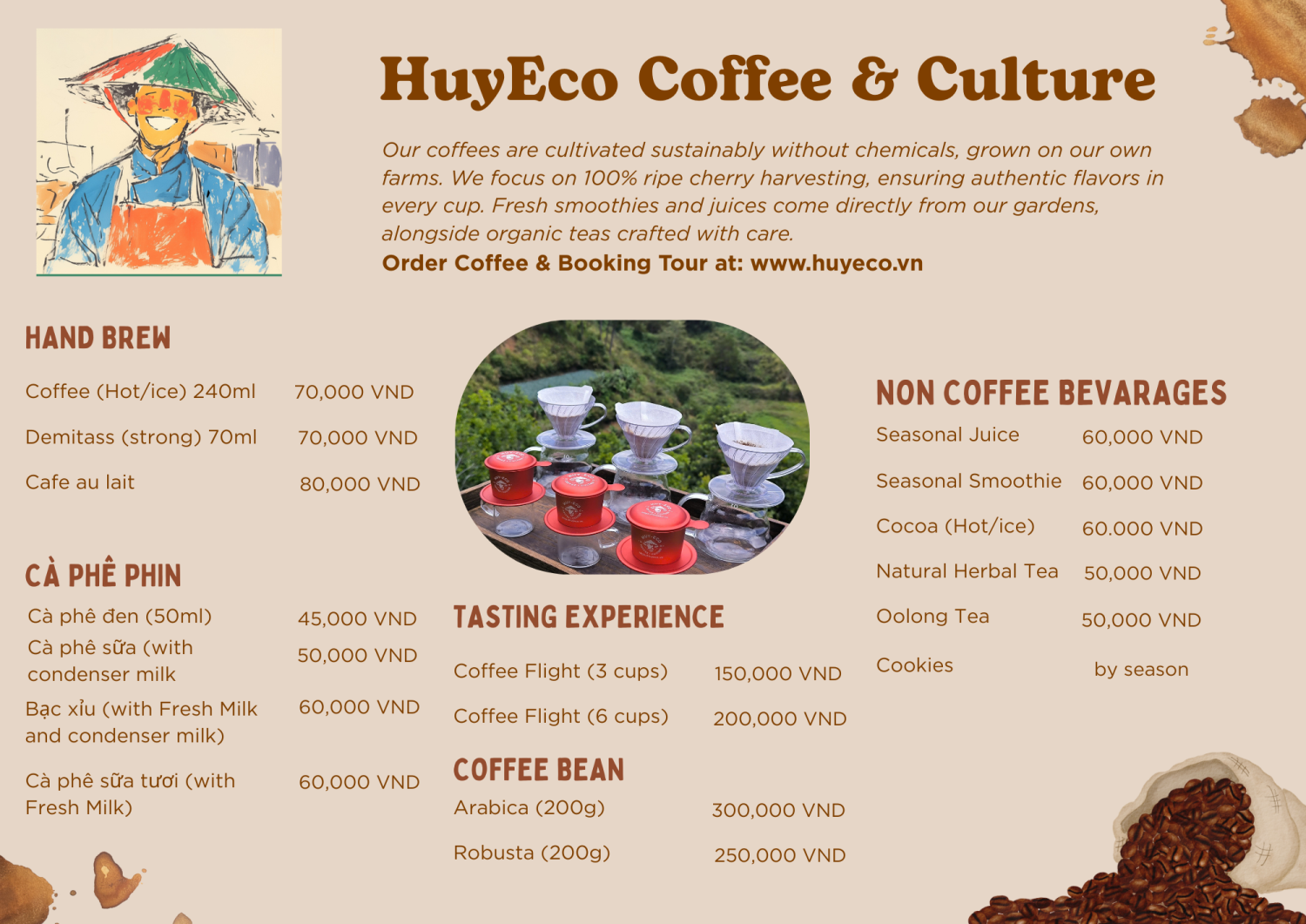HuyEco Coffee & Culture full café menu featuring Arabica, Robusta, smoothies, juices, and organic teas