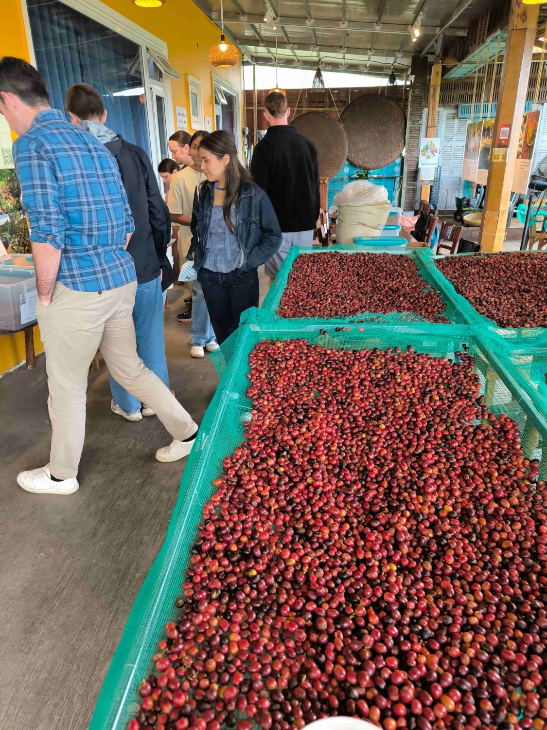 Visitors exploring HuyEco’s sustainable coffee production space with educational displays.